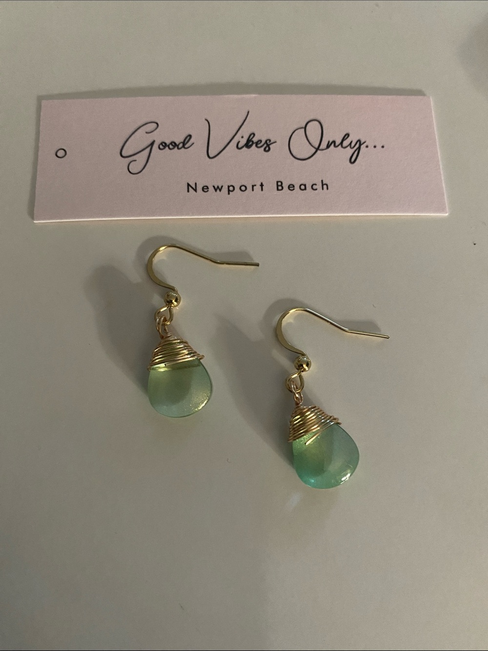 Good Vibes Only Newport Beach Green Teardrop Wire-Wrap Earrings